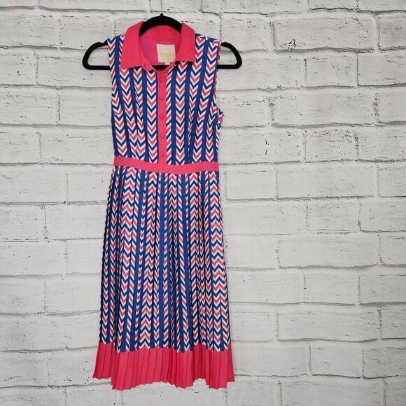Modcloth Women's Just My Typist Pink Blue Print Sleeveless Collared Dress Sz XS - Picture 1 of 14